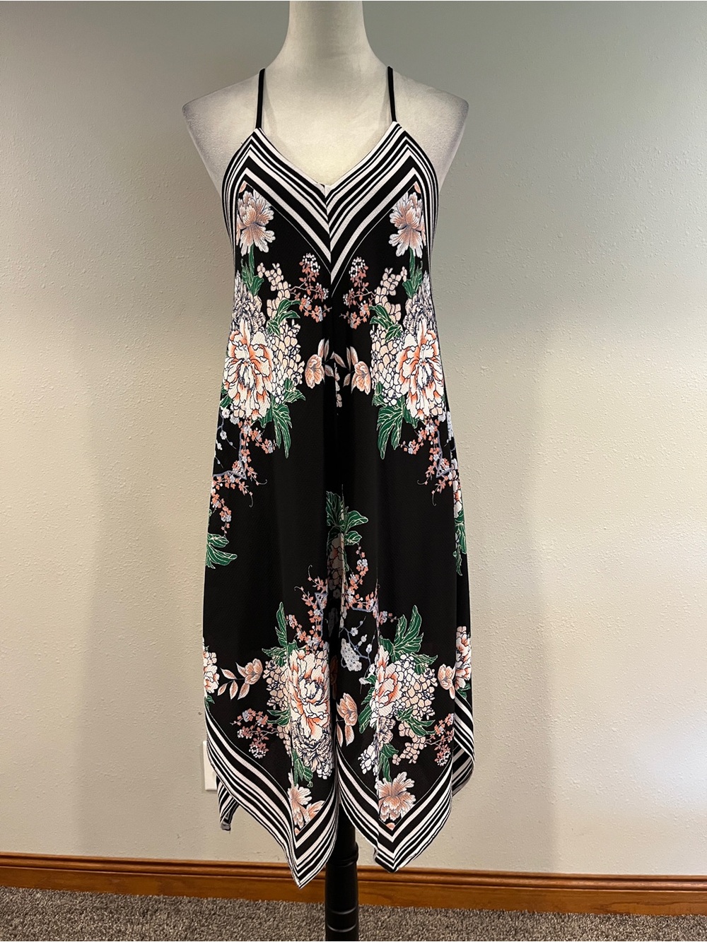 Maurices Black Floral V-Neck‎ Spaghetti Strap asymmetrical midi dress